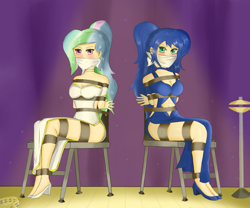 Size: 979x816 | Tagged: safe, artist:gferriswheel, imported from derpibooru, princess celestia, princess luna, human, abuse, angry, arm behind back, bondage, bound and gagged, cloth gag, clothes, cymbals, dress, duo, duo female, female, gag, glare, high heels, humanized, looking at someone, looking at you, rope, rope bondage, royal sisters, shoes, siblings, side slit, sisters, tied to chair, tied up