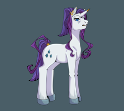 Size: 1900x1700 | Tagged: safe, imported from derpibooru, rarity, pony, unicorn, alternate hairstyle, blue eyes, disgusted, ear piercing, earring, gold tooth, hooves, horn, horn cap, jewelry, looking at you, piercing, ponytail, ring, simple background, solo, standing, tail, tail ring