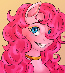 Size: 1600x1800 | Tagged: artist needed, safe, imported from derpibooru, pinkie pie, earth pony, pony, bust, curly mane, freckles, grin, heart eyes, jewelry, looking at you, makeup, necklace, portrait, simple background, smiling, solo, teeth jewelry, wingding eyes