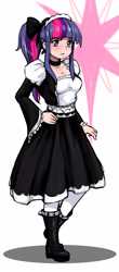 Size: 1280x2898 | Tagged: safe, artist:alcor, imported from derpibooru, twilight sparkle, human, breasts, cleavage, clothes, dress, eyebrows, eyebrows visible through hair, female, frown, hand on hip, humanized, maid, maidlight sparkle, palindrome get, simple background, skirt, solo, white background
