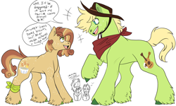 Size: 5000x3000 | Tagged: safe, artist:gingygin, imported from derpibooru, babs seed, pistachio, oc, oc:pretzel bite, oc:southern soul, earth pony, pony, babstachio, body freckles, cowboy hat, dialogue, duo focus, earth pony oc, female, freckles, hat, height difference, high res, looking at each other, looking at someone, male, mare, neckerchief, offspring, older, older babs seed, open mouth, open smile, parent:apple bloom, parent:babs seed, parent:pipsqueak, parent:pistachio, parents:babstachio, parents:pipbloom, shipping, simple background, smiling, smiling at each other, speech bubble, stallion, talking, unshorn fetlocks, white background