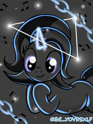 Size: 1536x2048 | Tagged: safe, artist:be_yourself, imported from derpibooru, oc, oc only, oc:derpthereum, pony, unicorn, derpibooru, chains, derpibooru ponified, derpthereum, female, glowing, glowing art, glowing horn, hoof on chin, horn, mare, meta, ponified, smiling, solo, sparkling, unicorn oc