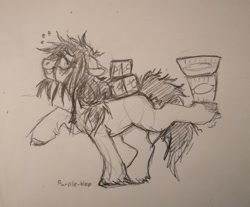 Size: 640x531 | Tagged: safe, artist:purple-blep, imported from derpibooru, oc, oc only, oc:floor bored, earth pony, pony, balancing, food, noodles, ramen, sketch, solo, traditional art