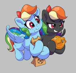 Size: 597x580 | Tagged: safe, artist:pabbley, imported from derpibooru, rainbow dash, oc, oc:dark rainbow dash, pegasus, pony, bag, chicken meat, chocolate chip cookie, cookie, cute, dashabetes, duo, eating, female, flying, food, gray background, grin, hoof hold, mare, meat, missing cutie mark, ponies eating meat, roasted, simple background, smiling