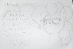 Size: 1080x734 | Tagged: safe, artist:gingerthefox, imported from derpibooru, pinkie pie, earth pony, pony, bust, disapproval, frown, monochrome, pencil drawing, reaction image, rude, sketch, solo, traditional art