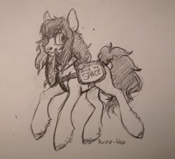 Size: 640x580 | Tagged: safe, artist:purple-blep, imported from derpibooru, earth pony, pony, communicoat, dumbwoofer, monochrome, ponified animal photo, service dog, service pony, simple background, sketch, solo, traditional art