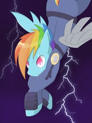 Size: 900x1200 | Tagged: safe, artist:sc_kis_rko, imported from derpibooru, rainbow dash, pegasus, pony, alternate timeline, apocalypse dash, artificial wings, augmented, biting, clothes, crystal war timeline, ear bite, eye scar, female, lightning, mare, scar, solo, torn ear, wings