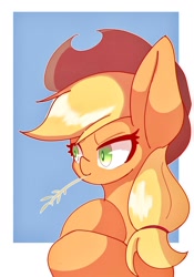Size: 1176x1684 | Tagged: safe, artist:sc_kis_rko, imported from derpibooru, applejack, earth pony, pony, applejack's hat, bust, cowboy hat, female, hat, hay stalk, mare, mouth hold, passepartout, simple background, solo, straw in mouth, white background