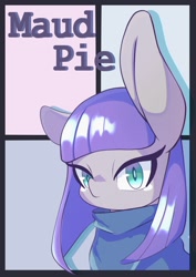 Size: 1448x2048 | Tagged: safe, artist:sc_kis_rko, imported from derpibooru, maud pie, earth pony, pony, bust, clothes, female, looking at you, mare, solo, text