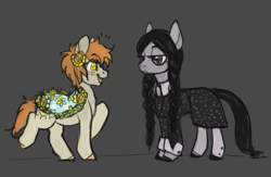 Size: 836x546 | Tagged: safe, artist:purple-blep, imported from derpibooru, oc, oc:thursday, oc:wednesday, earth pony, pony, clothes, drawthread, dress, duo, female, flower, flower in hair, gray background, mare, profile, simple background, wednesday addams, weekday ponies, wingding eyes