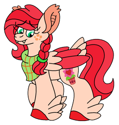 Size: 954x1000 | Tagged: safe, artist:scribble-dragon, imported from derpibooru, oc, oc only, oc:crimson clementine, pegasus, pony, bandana, colored hooves, colored wings, fangs, feathered fetlocks, female, freckles, looking down, mare, offspring, parent:big macintosh, parent:fluttershy, parents:fluttermac, simple background, smiling, solo, tail, tail feathers, transparent background, two toned wings, wings