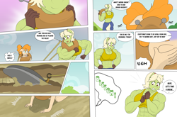 Size: 3931x2599 | Tagged: safe, artist:matchstickman, imported from derpibooru, granny smith, pear butter, anthro, earth pony, comic:the other side, abs, back muscles, biceps, breasts, busty granny smith, clothes, comic, deltoids, dialogue, duo, farm, female, granny smash, mare, muscles, muscular female, pecs, speech bubble, teenager, vomit, vomiting, yoke, young granny smith, young pear butter, younger