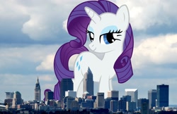 Size: 2048x1326 | Tagged: safe, artist:drewdini, artist:thegiantponyfan, imported from derpibooru, rarity, pony, unicorn, city, cleveland, eyeshadow, female, giant pony, giant unicorn, giantess, highrise ponies, irl, looking at you, macro, makeup, mare, mega giant, mega rarity, ohio, photo, ponies in real life, smiling, smiling at you