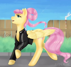 Size: 2936x2757 | Tagged: safe, artist:axidemythe, imported from derpibooru, fluttershy, pegasus, adidas, alternate hairstyle, clothes, complex background, gopnik, shirt, solo