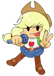 Size: 631x898 | Tagged: safe, alternate version, artist:batipin, imported from derpibooru, applejack, equestria girls, chibi, clothes, female, friday night funkin', microphone, open mouth, peace sign, shoes, simple background, solo, transparent background