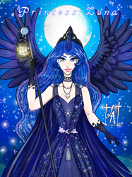 Size: 1024x1366 | Tagged: safe, artist:ladyadalicia, imported from derpibooru, princess luna, human, alicorn humanization, clothes, dress, ethereal mane, evening gloves, female, full moon, gloves, halo, horned humanization, humanized, jewelry, lantern, long gloves, moon, moon halo, solo, spread wings, starry mane, stars, tiara, winged humanization, wings
