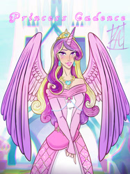 Size: 1280x1708 | Tagged: safe, artist:ladyadalicia, imported from derpibooru, princess cadance, human, alicorn humanization, clothes, crystal empire, dress, female, horned humanization, humanized, jewelry, necklace, outdoors, smiling, solo, winged humanization