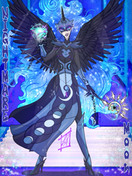 Size: 1049x1400 | Tagged: safe, artist:ladyadalicia, imported from derpibooru, nightmare moon, human, alicorn humanization, clothes, ethereal mane, female, glowing hands, horned humanization, humanized, mask, smiling, smirk, solo, spread wings, starry mane, winged humanization, wings