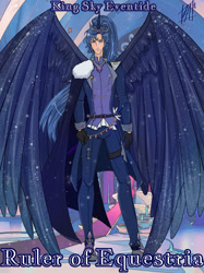 Size: 1280x1708 | Tagged: safe, artist:ladyadalicia, imported from derpibooru, oc, oc only, alicorn, human, alicorn humanization, alicorn oc, clothes, horn, horned humanization, humanized, male, pants, solo, starry wings, story included, winged humanization, wings