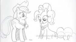 Size: 1000x555 | Tagged: safe, artist:rlynn-art, imported from derpibooru, applejack, pinkie pie, earth pony, pony, duo, eyelashes, female, hat, lineart, mare, monochrome, peytral, traditional art