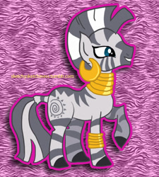 Size: 632x703 | Tagged: safe, artist:rlynn-art, imported from derpibooru, zecora, zebra, abstract background, bracelet, ear piercing, earring, female, grin, jewelry, mare, neck rings, piercing, raised hoof, smiling, solo