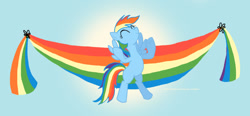 Size: 1111x514 | Tagged: safe, artist:rlynn-art, imported from derpibooru, rainbow dash, pegasus, pony, bipedal, eyes closed, female, mare, smiling, wings