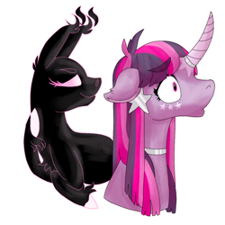 Size: 1250x1250 | Tagged: safe, artist:xaneyraccoon, imported from derpibooru, twilight sparkle, oc, pony, shadow pony, unicorn, bust, choker, duo, eyelashes, female, mare, simple background, story included, transparent background, unicorn twilight