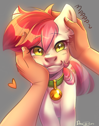 Size: 1800x2300 | Tagged: safe, artist:draco zero, imported from derpibooru, roseluck, earth pony, human, pony, behaving like a cat, bell, bell collar, collar, commission, commissioner:doom9454, cute, cyrillic, female, human on pony petting, mare, petting, pony pet, purring, rosepet, russian, translated in the description