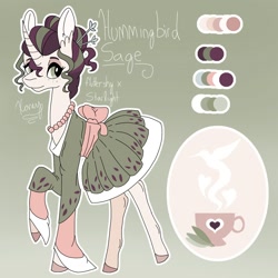 Size: 2000x2000 | Tagged: safe, artist:xaneyraccoon, imported from derpibooru, oc, oc only, pony, unicorn, clothes, colored hooves, cup, dress, ear fluff, eyelashes, female, food, horn, jewelry, magical lesbian spawn, mare, necklace, offspring, parent:fluttershy, parent:starlight glimmer, pearl necklace, raised hoof, solo, tea, teacup, unicorn oc