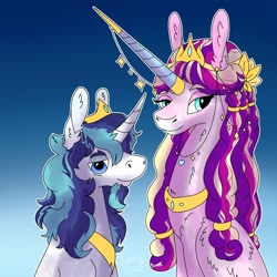 Size: 2000x2000 | Tagged: safe, artist:xaneyraccoon, imported from derpibooru, princess cadance, shining armor, alicorn, pony, unicorn, duo, ear fluff, female, gradient background, horn, horn jewelry, jewelry, male, mare, peytral, stallion
