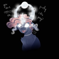 Size: 2000x2000 | Tagged: safe, artist:xaneyraccoon, imported from derpibooru, oc, oc only, pony, black background, bust, chest fluff, glowing, glowing eyes, glowing horn, horn, sharp teeth, simple background, solo, sombra eyes, talking, teeth