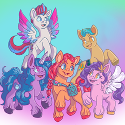 Size: 1108x1102 | Tagged: safe, artist:glowerist, imported from derpibooru, hitch trailblazer, izzy moonbow, pipp petals, sunny starscout, zipp storm, earth pony, pegasus, pony, unicorn, female, g5, male, mane five (g5), mare, my little pony: a new generation, open mouth, open smile, smiling, spread wings, stallion, wings