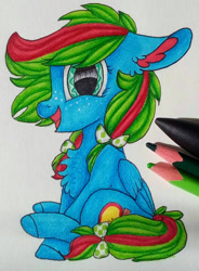 Size: 1036x1411 | Tagged: safe, artist:moonert, imported from derpibooru, oc, oc only, pegasus, pony, chest fluff, ear fluff, eyelashes, female, mare, open mouth, pegasus oc, sitting, smiling, solo, traditional art