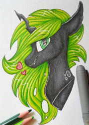 Size: 918x1282 | Tagged: safe, artist:moonert, imported from derpibooru, oc, oc only, changeling, changeling queen, bust, changeling queen oc, green changeling, heart, solo, traditional art