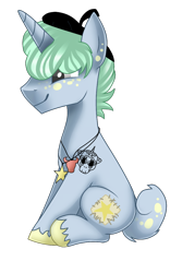 Size: 750x1200 | Tagged: safe, artist:moonert, imported from derpibooru, oc, oc only, pony, unicorn, freckles, hat, horn, jewelry, male, necklace, simple background, sitting, smiling, solo, stallion, transparent background, unicorn oc, unshorn fetlocks