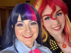 Size: 1080x810 | Tagged: safe, artist:maddymoiselle, artist:sarahndipity cosplay, edit, imported from derpibooru, sunset shimmer, twilight sparkle, human, equestria girls, equestria girls series, clothes, cosplay, costume, everfree northwest 2019, grin, irl, irl human, photo, selfie, smiling