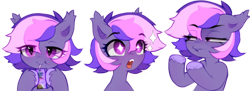 Size: 1280x464 | Tagged: safe, artist:astralblues, imported from derpibooru, oc, oc only, oc:midnight mist, bat pony, pony, bust, female, mare, milk, portrait, simple background, solo, starry eyes, sticker set, transparent background, wingding eyes