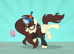 Size: 3059x2251 | Tagged: safe, artist:darbypop1, imported from derpibooru, oc, oc:darby, alicorn, pony, clothes, cupcake, female, food, glasses, hat, mare, party hat, solo