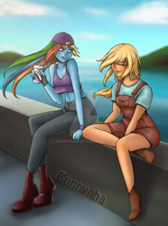 Size: 1024x1380 | Tagged: safe, artist:bunnynha, imported from derpibooru, applejack, rainbow dash, human, bare shoulders, clothes, deviantart watermark, humanized, obtrusive watermark, overalls, pants, pony coloring, sleeveless, tanktop, watermark