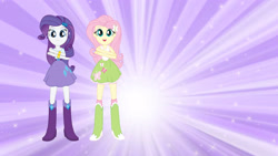 Size: 3410x1920 | Tagged: safe, imported from derpibooru, screencap, fluttershy, rarity, equestria girls, belt, blue eyes, boots, bracelet, clothes, cutie mark on clothes, duo, duo female, eg stomp, female, hairpin, high heel boots, jewelry, looking at you, open mouth, open smile, shirt, shoes, skirt, smiling, socks