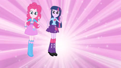 Size: 3410x1920 | Tagged: safe, imported from derpibooru, screencap, pinkie pie, twilight sparkle, equestria girls, boots, clothes, cutie mark on clothes, duo, duo female, eg stomp, female, shoes, smiling