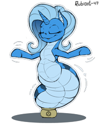 Size: 1600x2000 | Tagged: safe, artist:rubiont, imported from derpibooru, oc, oc only, oc:triksa, original species, pony, snake, snake pony, cute, dancing, eyes closed, fat, fat tail, horn, scp, scp foundation, simple background, smiling, snake pot, solo, tail, transparent background