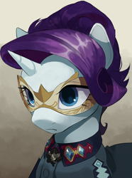 Size: 1560x2100 | Tagged: safe, artist:cadillac-dynamite, imported from derpibooru, rarity, pony, unicorn, equestria at war mod, bust, clothes, female, gemstones, mare, mask, portrait, solo, the new order: last days of europe