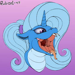 Size: 1500x1500 | Tagged: safe, artist:rubiont, imported from derpibooru, oc, oc:triksa, lamia, original species, snake, snake pony, unicorn, bust, fangs, female, forked tongue, glottis, gradient background, heart eyes, implied vore, lamiafied, maw, mawshot, mouth, not trixie, open mouth, portrait, smiling, solo, species swap, throat, throat bulge, tongue out, tongue sheath, wide throat, wingding eyes