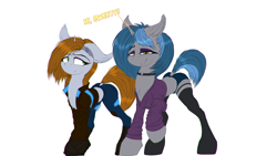 Size: 1920x1080 | Tagged: safe, artist:coreboot, imported from derpibooru, oc, oc:homage, oc:littlepip, pony, unicorn, fallout equestria, alternate design, boots, chest fluff, clothes, cyberpunk, ear piercing, female, garter belt, garters, horn, jacket, jeans, lesbian, lip piercing, makeup, oc x oc, one ear down, pants, piercing, pipmage, shipping, shoes, shorts, simple background, small horn, solo, sticker, stockings, tail, tail hole, thigh garters, thigh highs, transparent background