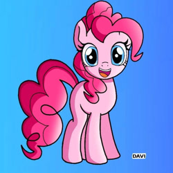 Size: 719x719 | Tagged: safe, artist:davisonic1, imported from derpibooru, pinkie pie, earth pony, pony, blue background, cute, female, full body, g4, hooves, looking at you, mare, open mouth, open smile, signature, simple background, smiling, smiling at you, solo, standing, tail