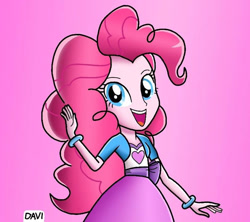 Size: 811x720 | Tagged: safe, artist:davisonic1, imported from derpibooru, pinkie pie, equestria girls, cute, looking at you, open mouth, open smile, pink background, simple background, smiling, smiling at you, vector, waving