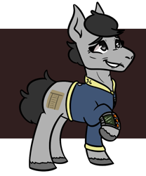 Size: 717x863 | Tagged: safe, artist:hiddenfaithy, imported from derpibooru, oc, oc only, oc:steel, earth pony, pony, fallout equestria, clothes, colored, fallout equestria: uncertain ties, flat colors, jumpsuit, pipbuck, simple background, solo, vault suit, wrinkles