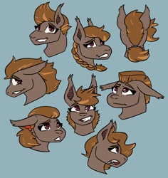 Size: 1844x1954 | Tagged: safe, artist:hiddenfaithy, imported from derpibooru, oc, oc only, oc:umber, bat pony, braid, bust, commission, facial expressions, hairstyle swap, ponytail, portrait, simple background