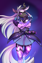 Size: 2000x3000 | Tagged: safe, artist:jedayskayvoker, imported from derpibooru, oc, oc only, oc:n0cturn3, anthro, changeling, changeling queen, changeling oc, changeling queen oc, clothes, cosplay, costume, crossdressing, crossover, crotch bulge, dress, femboy, hacker, heterochromia, male, overwatch, purple changeling, skirt, solo, sombra (overwatch), stallion, trap